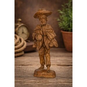 Vintage Black Forest Style Wood Carved Man Figurine Alpine Folk Art Statue